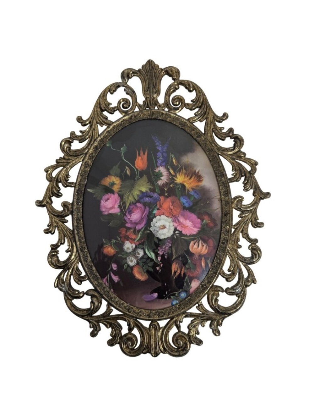 Vintage Ornate Gold Oval Frame Floral Print Baroque-Style Convex Bubble Glass